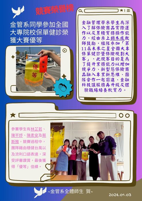 賀！林芷若、陳芊妤、陳柔安及蔡斯雅同學榮獲第11屆保單健診暨保險規劃競賽優等圖片