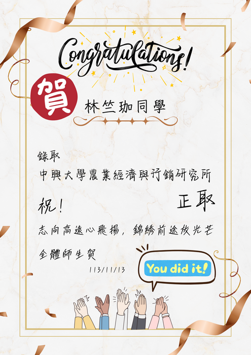 113學年度 金融管理學系研究所考取名單圖片